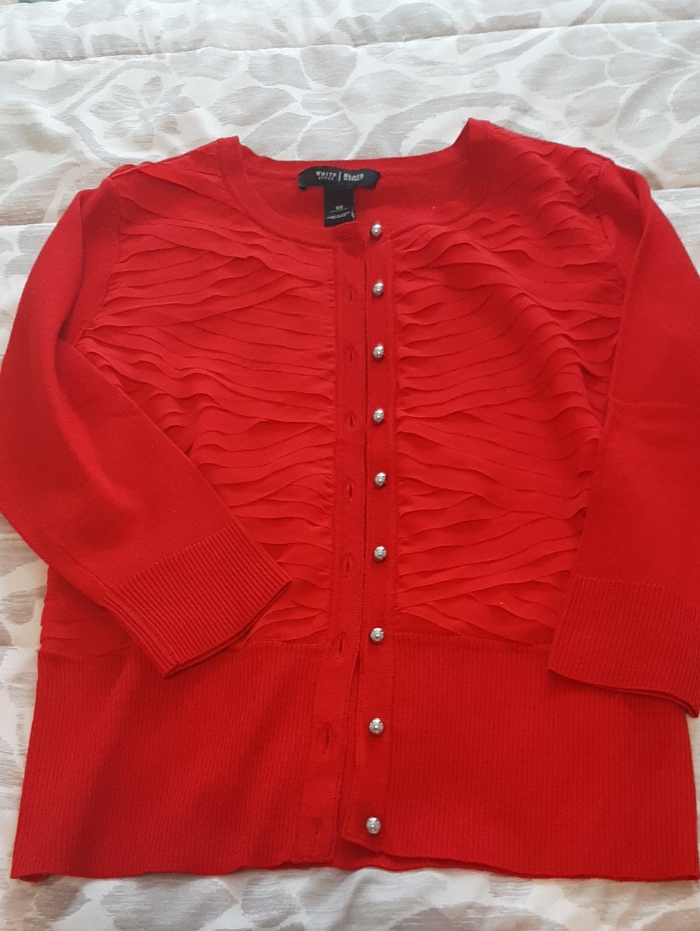 White House Black Market Red Ruffle-Front Silver Button Cardigan XS